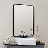 Vista 45 de ANDY STAR - Espejo de latón para baño, espejo rectangular redondeado de 22x30 pulgadas con marco de metal cepillado dorado, espejo de tocador