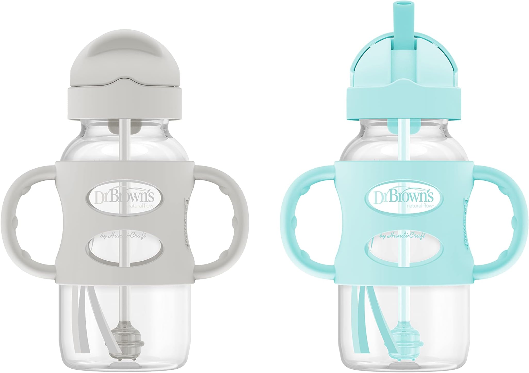 Wide-Neck Sippy Straw Bottles with Silicone Handles, Gray and Green, 9oz/270ml, 2-Pack