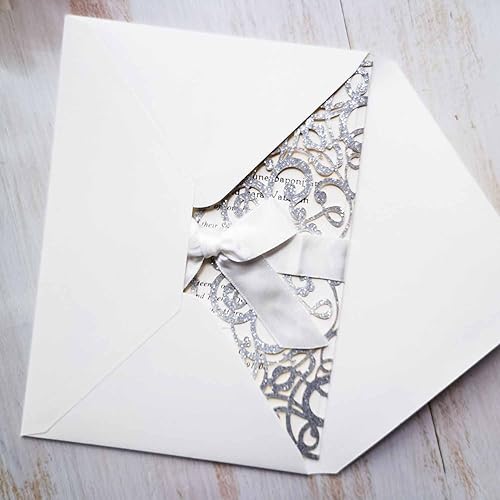 Miniatura 6 de 20 tarjetas de invitaciones de boda con cinta y sobres, de 5 x 7.28 pulgadas, cortadas con láser, de encaje, con purpurina, para boda, despedida de