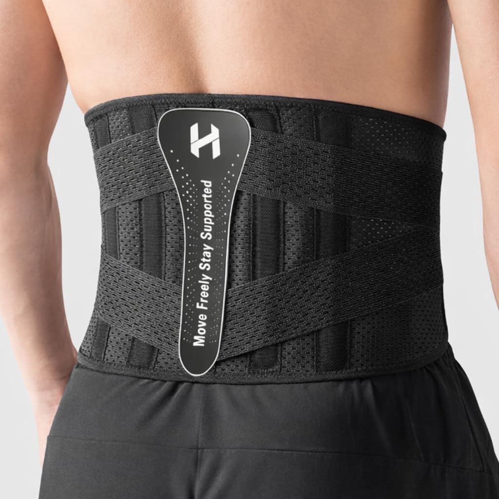 YealoHarbex Back Brace for Men and Women, Lower Back Support Belt with 7 Flexible Support Bars, Dual Adjustable Compression Straps, Breathable Mesh Lumbar Support for Work, Gym, Heavy Lifting (Large)