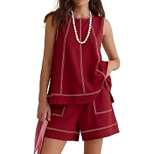 LOMON Womens Two Piece Short Sets with Pockets | Summer Fashion Round Neck Sleeveless Tank Top Drawstring Elastic Waist Shorts, Casual Vacation Travel Outfit