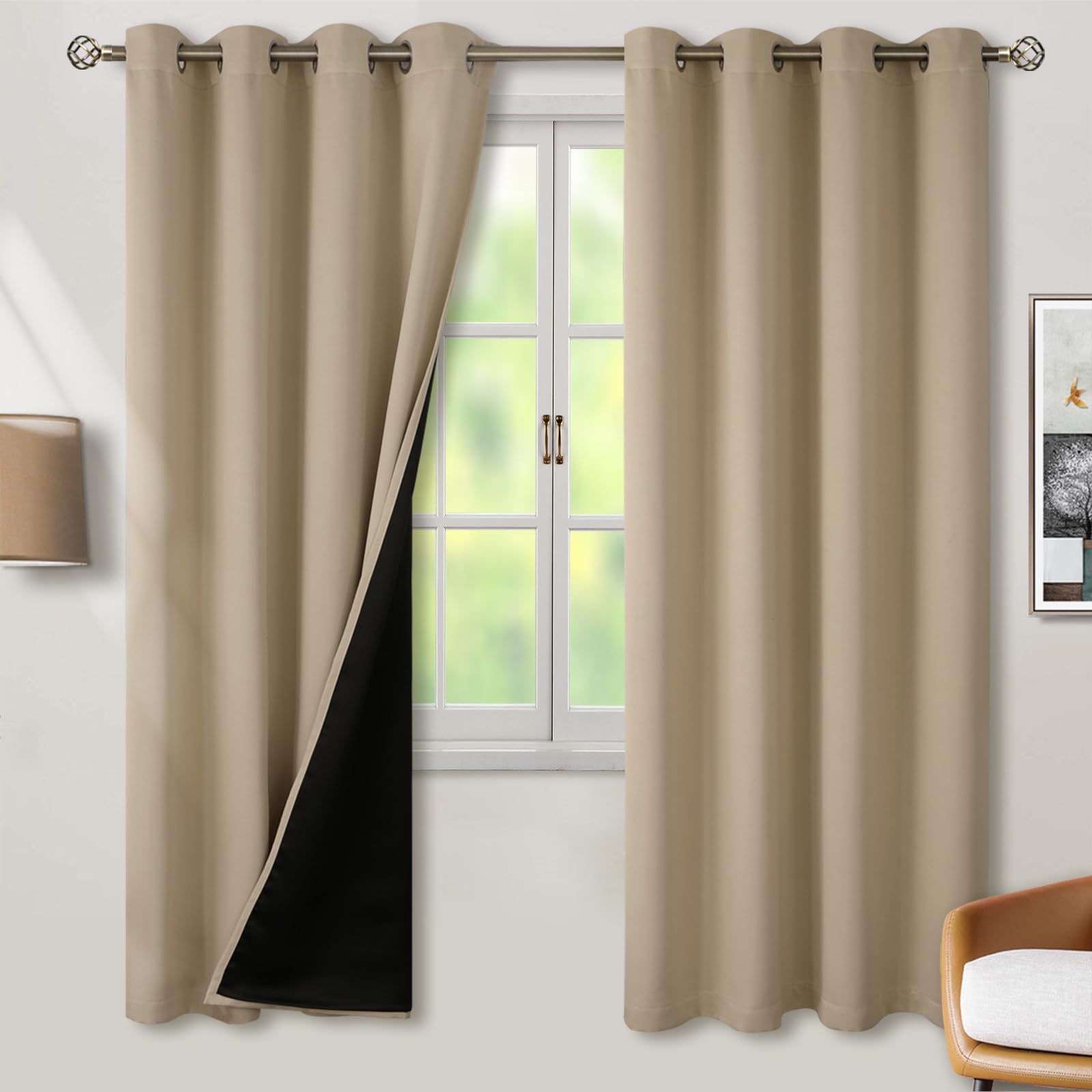 BGment Thermal Insulated 100% Blackout Curtains for Bedroom with Black Liner, Double Layer Full Room Darkening Noise Reducing Grommet Curtain (52 x 72