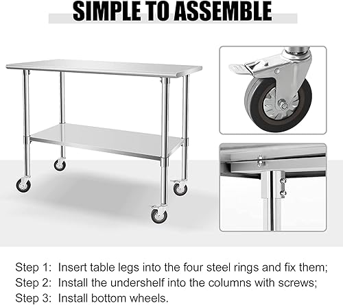 Miniatura 2 de Hasopy Mesa de acero inoxidable para preparación, mesa de trabajo resistente con 4 ruedas para cocina, restaurante, hogar y hotel (36 x 18 pulgadas)