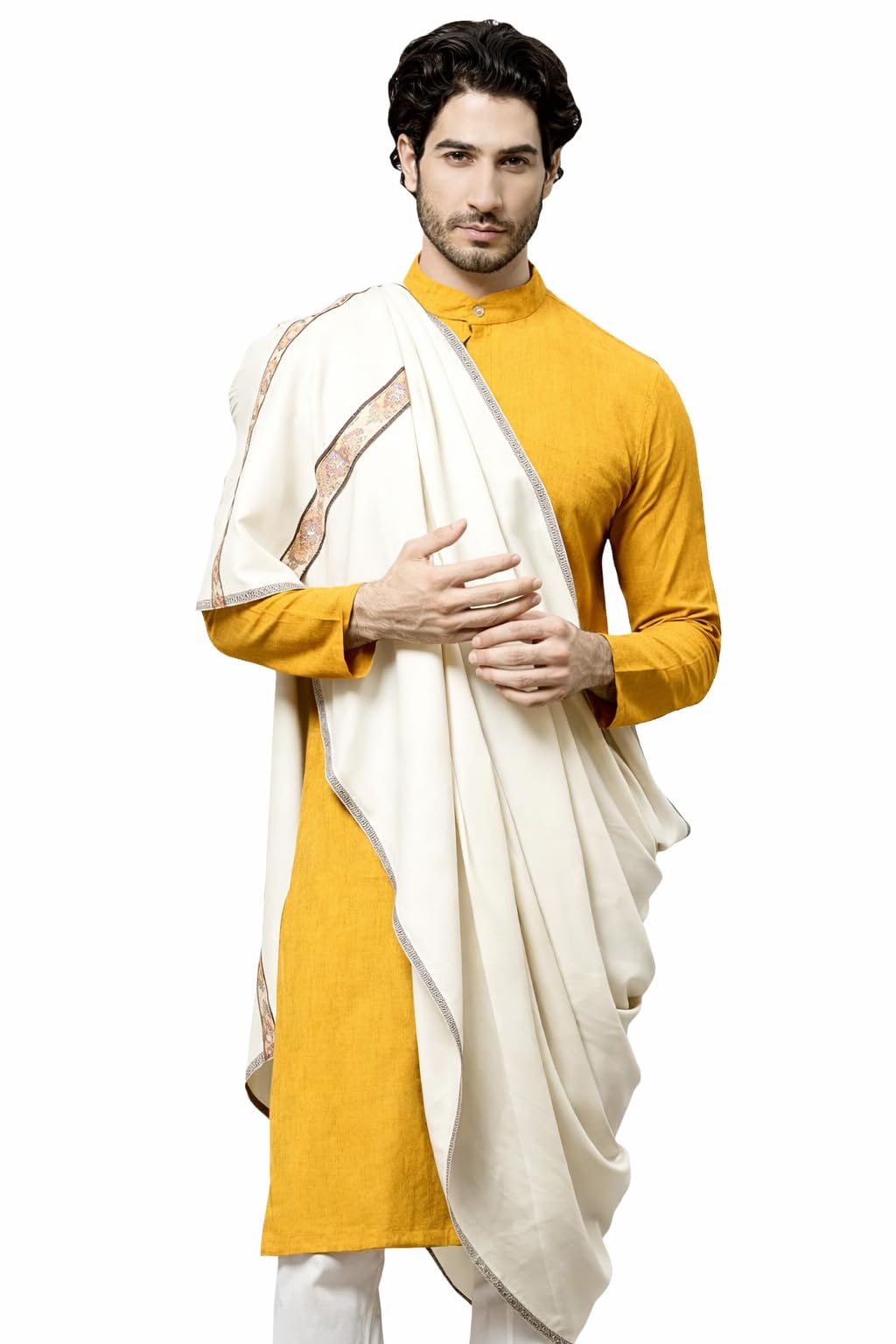 rudrawraps Traditional Wool Shawl for Men white with Brown kullu Border Winter Wear-picture-46
