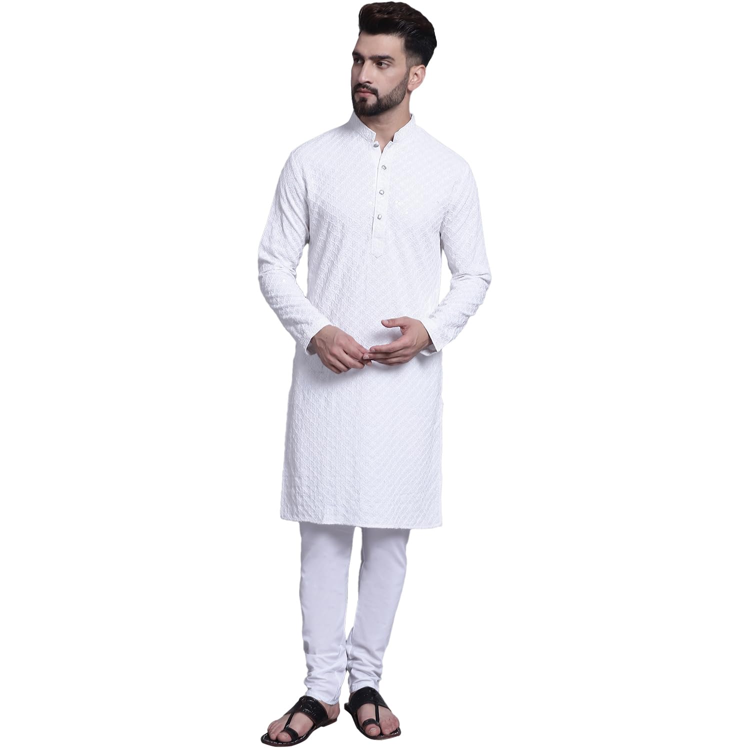 Sojanya (Since 1958 Men's Pure Cotton White Emb 4Booti Sequence Kurta & White Pyjama Set