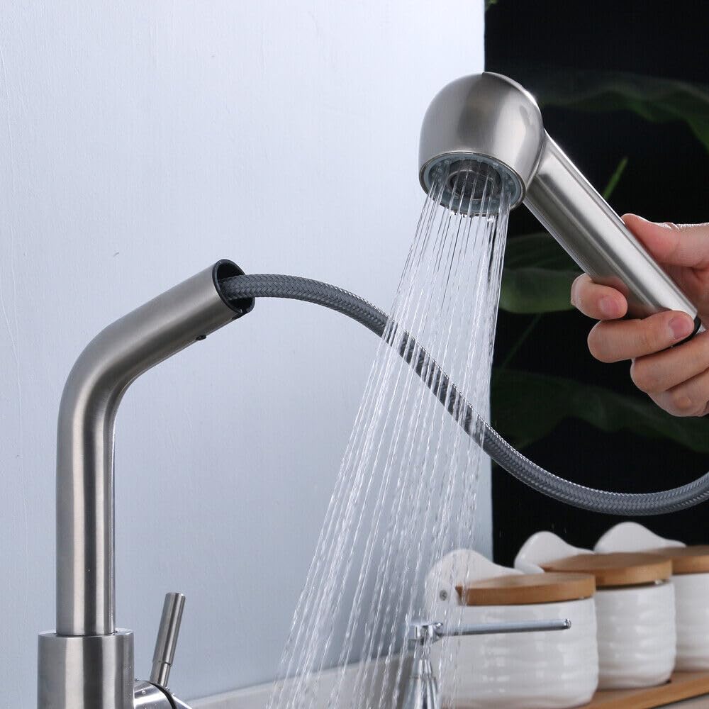 Grifo de Cocina Giratorio 360°, Extraible, Pared Lavadero, de Acero Inoxidable, con Ducha, Acero Inoxidable 304, Alta Presión, Monomando, Cepillado