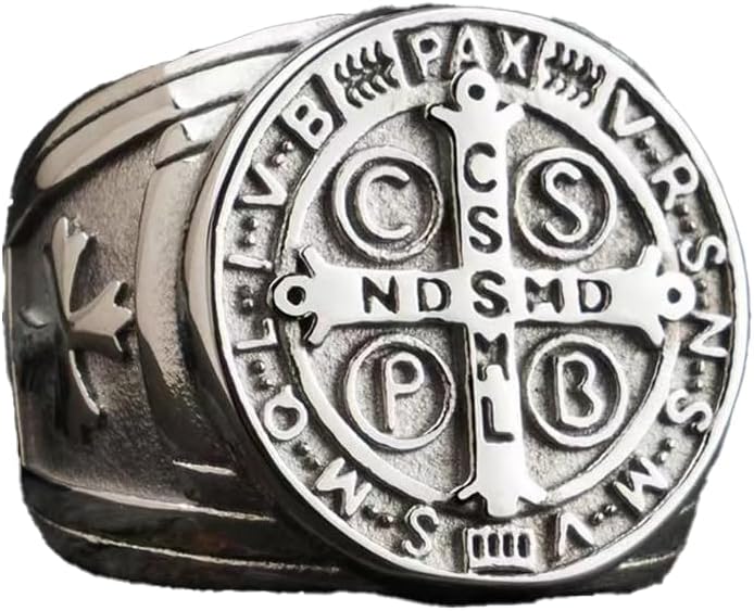 REchoLl Cross Ring for Men,Stainless Steel Saint Benedict CSPB Silver Cross religion Ring Christian Jewelry for Men Size 8-12
