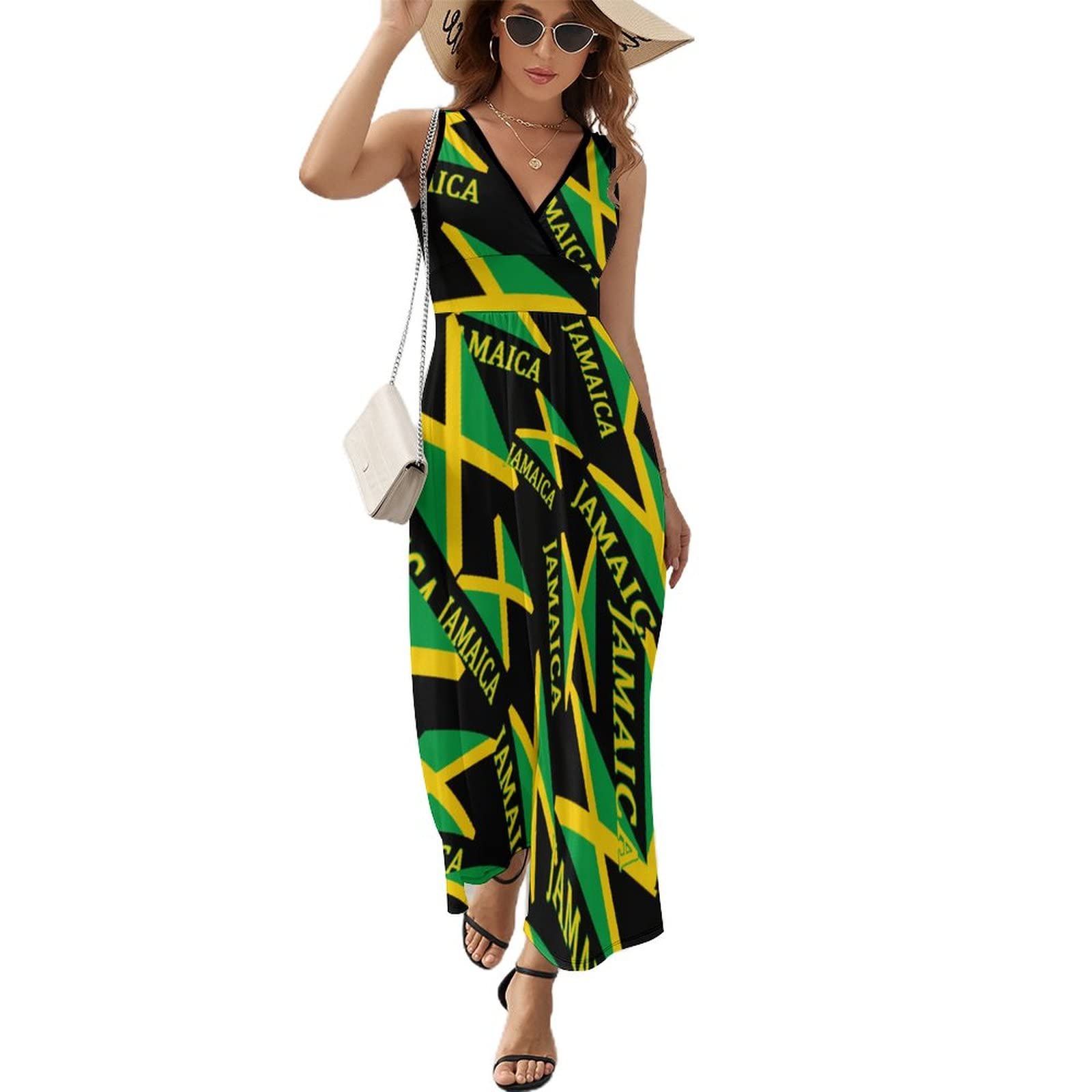 Women's Black Jamaican Flag Long Dress Sleeveless Maxi Dress Sundress Evening Gowns 2XL