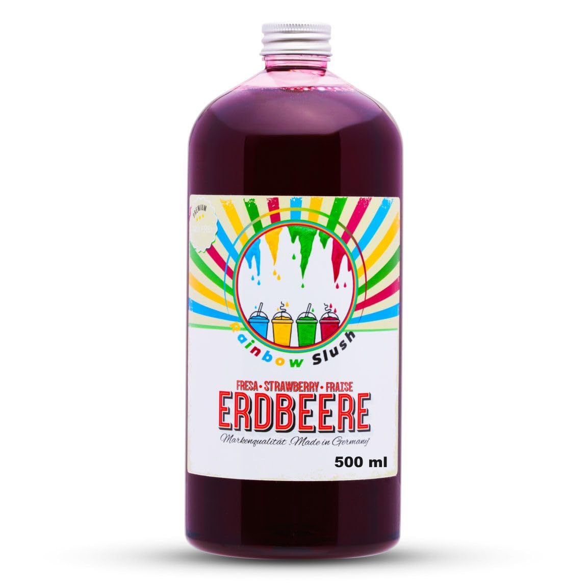 Rainbow Slush Sirup 500 ml – Glycerinfrei - Premium Slush Ice Konzentrat in 9 Geschmacksrichtungen | Slush-Sirup für Slushmaschine, Eis, Cocktails & Drinks | Hopser Funfood (Erdbeere)