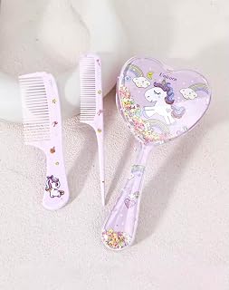 Unicorn Hair Brush and Comb Set for Girls, Heart Shape, Pink | 3-Piece Set, Glitter Confetti Design, Heart Shape Brush, Kids Hair Care, Rainbow