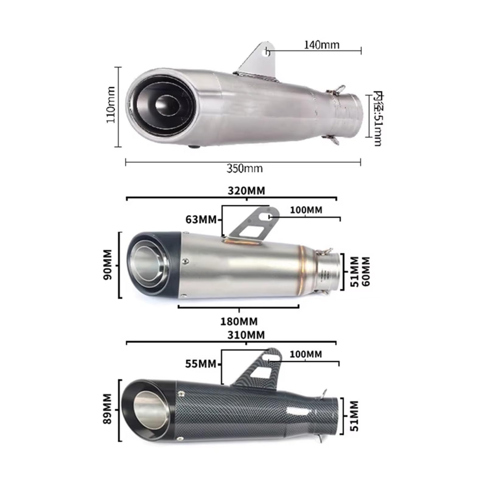silencioso escape moto Para Kawasaki Para Ninja Para Z900 Para CB650R | Para R3 51mm silenciador de Escape para motocicleta tubo de Escape 335mm de longitud(B 51mm)