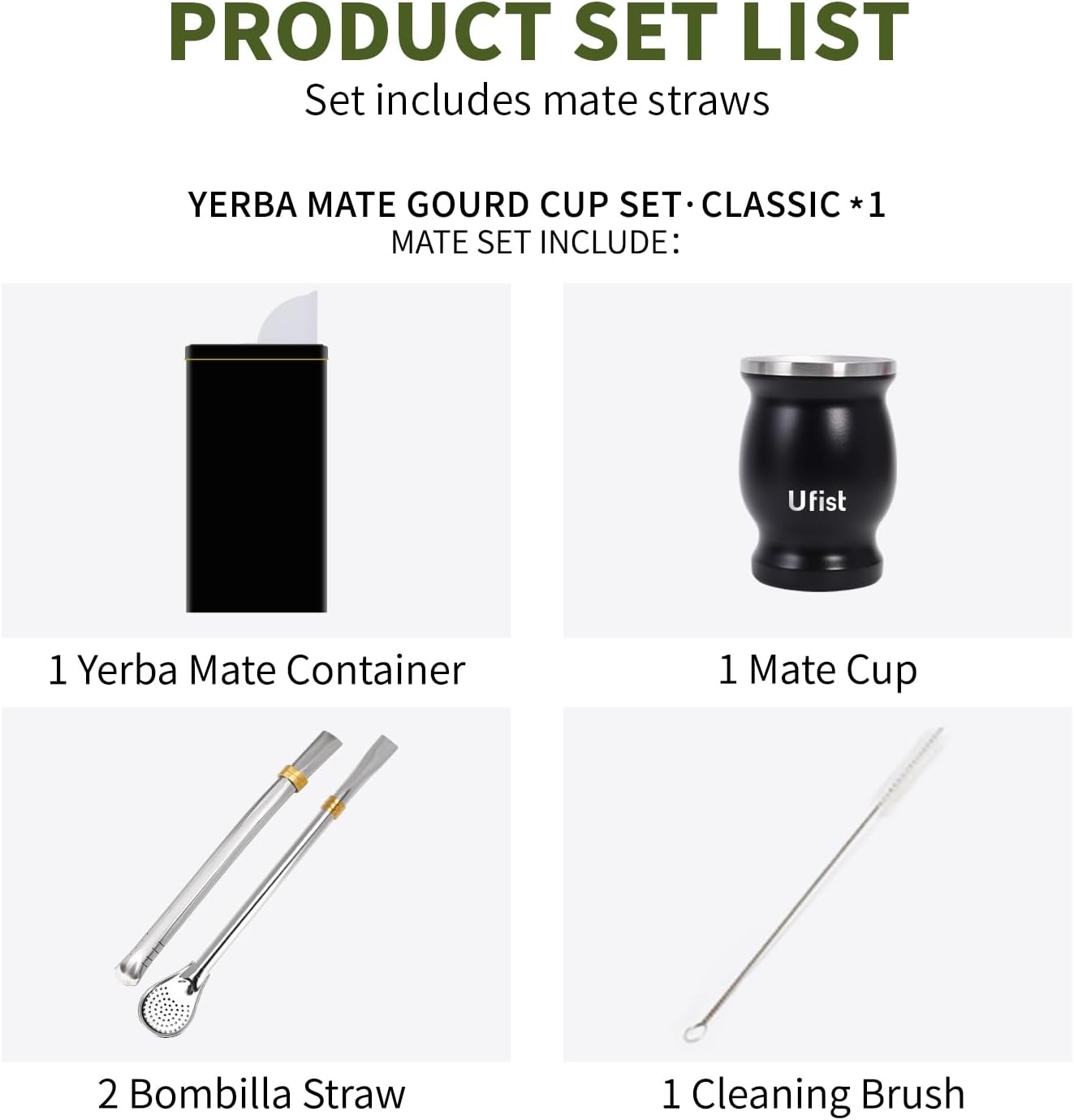 5-in-1 Yerba Mate Set, 8.4oz Cup, 76.8oz Storage Container, 2 Bombilla Straws, Black (Argentina)