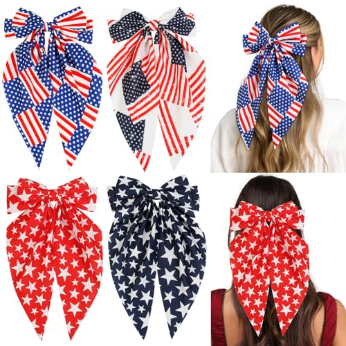Tobeffect 4th of July Hair Bows for Women Girls: American Flag Hair Accessories Patriotic Red White and Blue Big Hair Bows for Independence Day Decorations 4 Packs