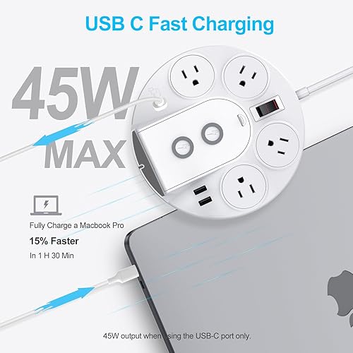 Miniatura 3 de KingTSYU - Regleta protectora de sobretensiones, cable de extensión de regleta de alimentación con puertos USB C, 4 tomas de corriente y cargador