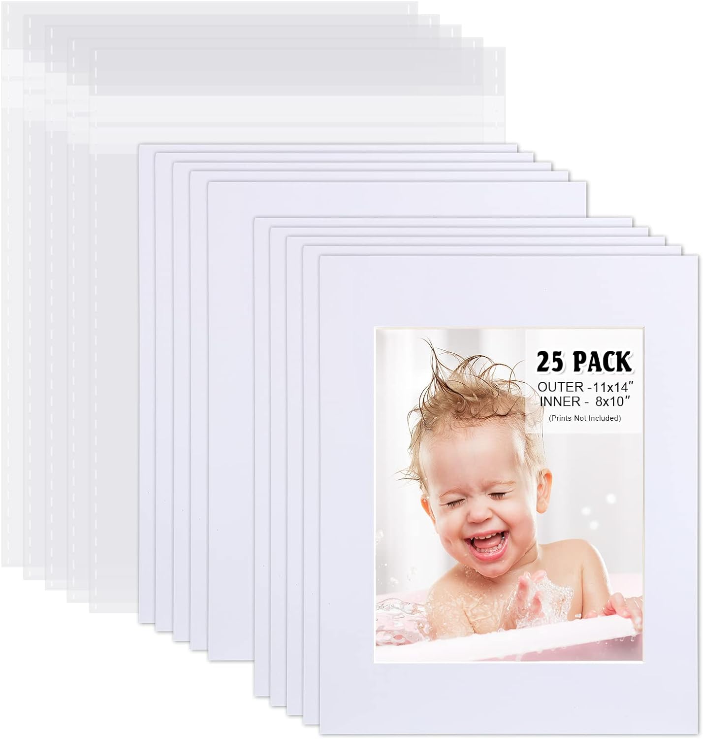 Egofine Pack of 25 White Pre-Cut Mat Board 11x14 Picture Mat for 8x10 Photo with White Core Bevel Cut Mattes Sets. Includes 25 High Premier Acid Free Mats & 25 Backing Board & 25 Clear Bags White 11" x 14" Pack of 25 White Complete Set