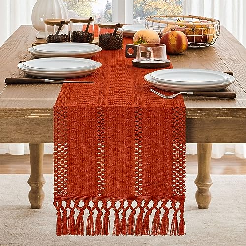 Image of ZeeMart Macrame Style Boho Table Runner, Burnt Ochre Fall Table Runners 48 Inches Long, Farmhouse Woven Home Decor, 12x48 Inch, Dark Orange