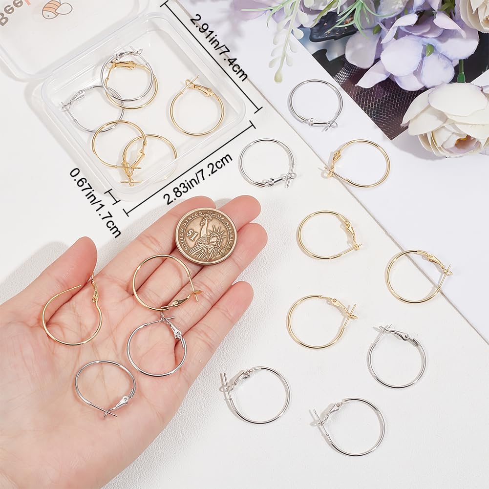 Beebeecraft 1 Box 24Pcs Hoop Earring Findings 18K Gold & Platinum Plated Brass 2 Colors Ring Earring Wire Hoop Earring for Jewellery Making Supplies Pin: 0.7mm - Image 3