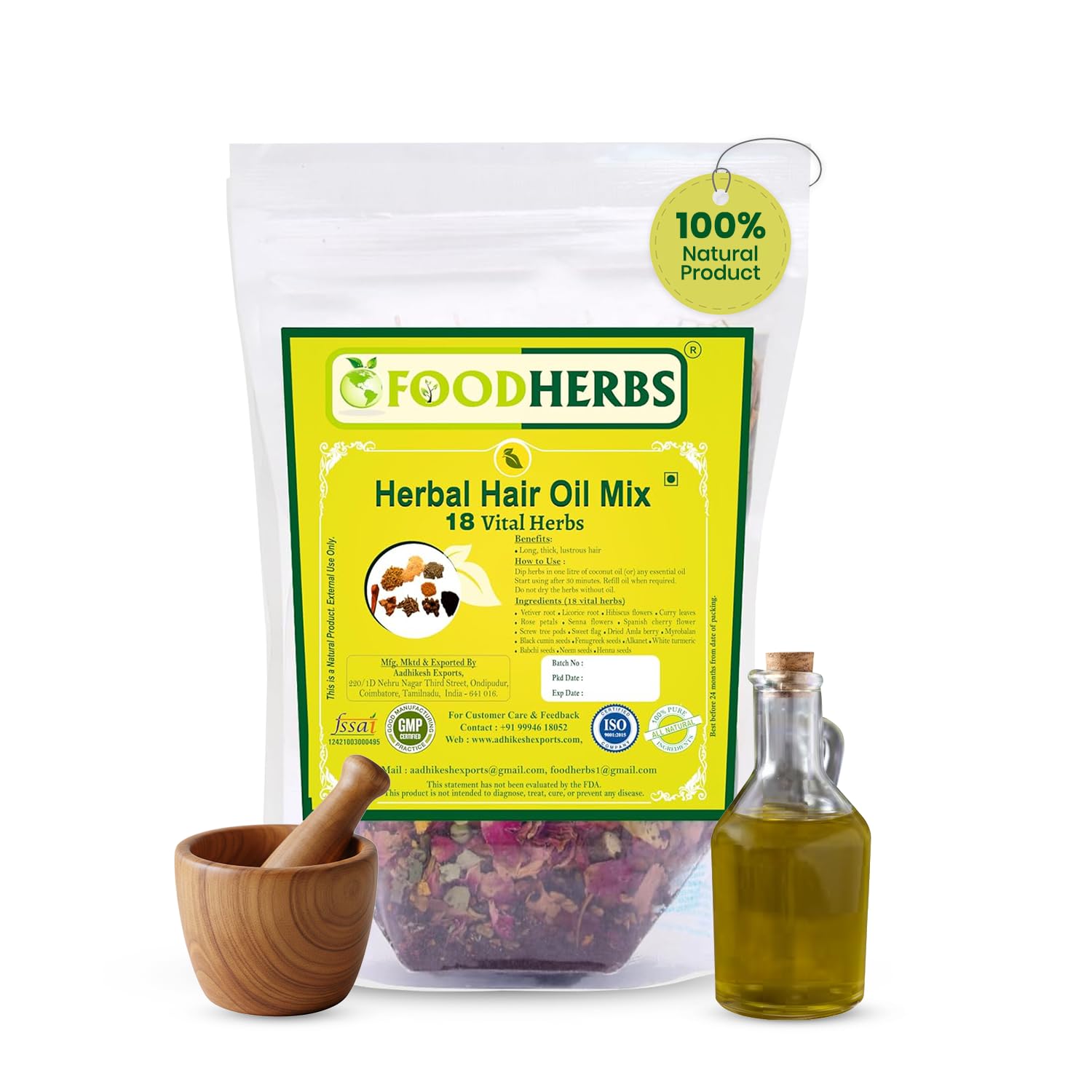 Foodherbs Herbal Hair Oil Mix (18 Vital Herbs) For long, thick, and lustrous hair