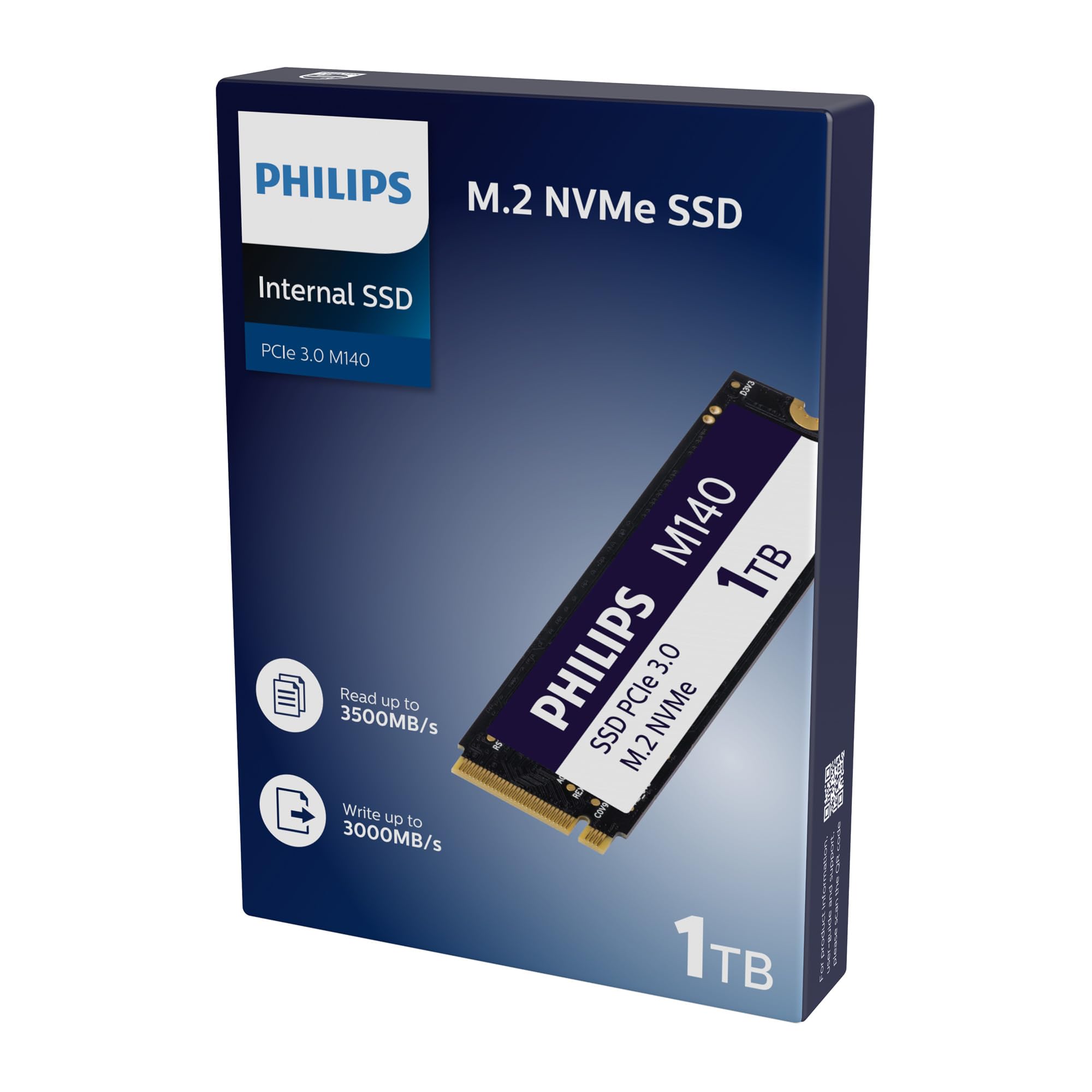 Philips Unidad Interna de Estado sólido M.2 M140 NVMe PCIe Gen3 1 TB (2280), para PC de sobremesa y portátiles, edición de gráficos y vídeos, Juegos, Lectura de 3500 MB/s, Escritura de 3000 MB/s