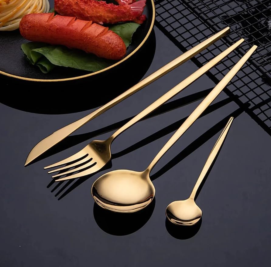 Image of 24-Piece Flatware Set, Stainless Steel Knife Fork Spoon, Home Dinnerware Tableware Set for 6,Stainless Steel Cutlery Set for Home, Kitchen, Restaurant, Utensils (Gold)