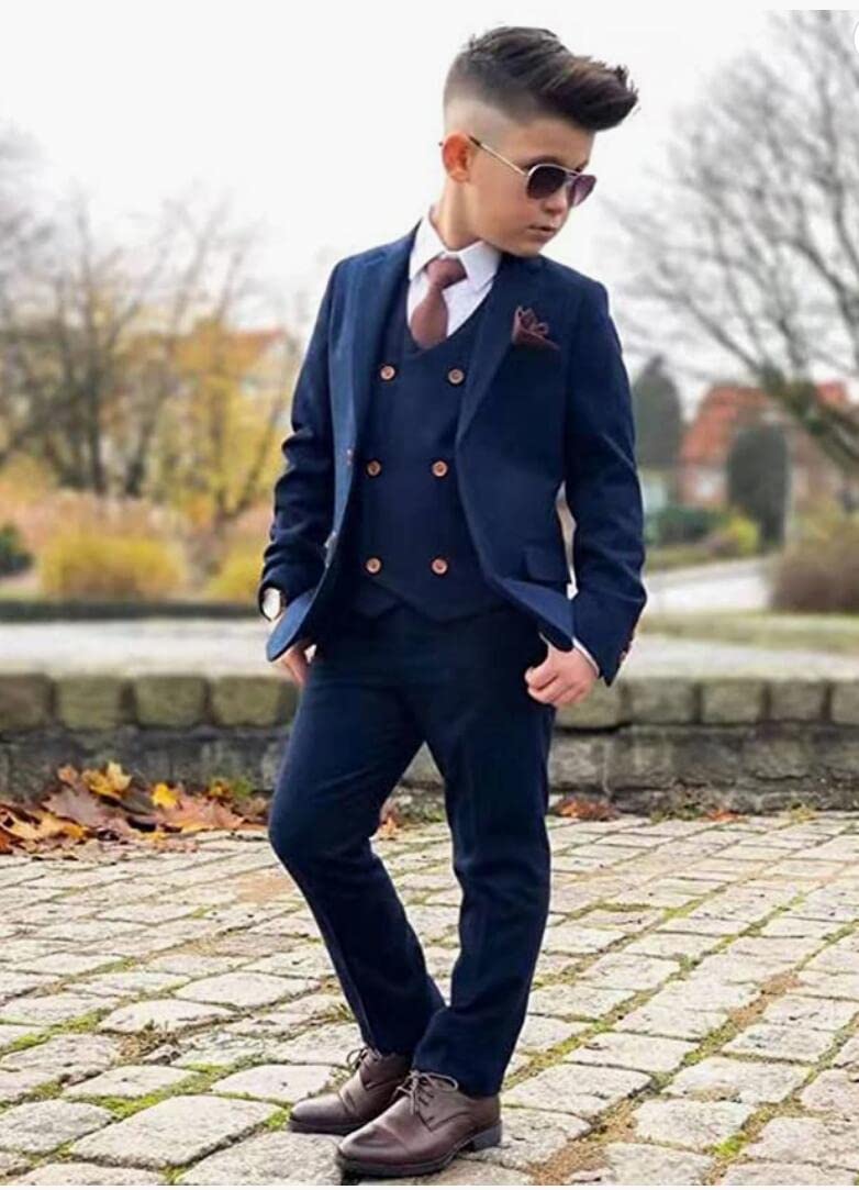 Formale Ragazzo Vestito 3 PC Peak Risvolto Fiore Ragazzi Smoking Blazer Gilet Pantaloni per Bambini Dresswear Suit