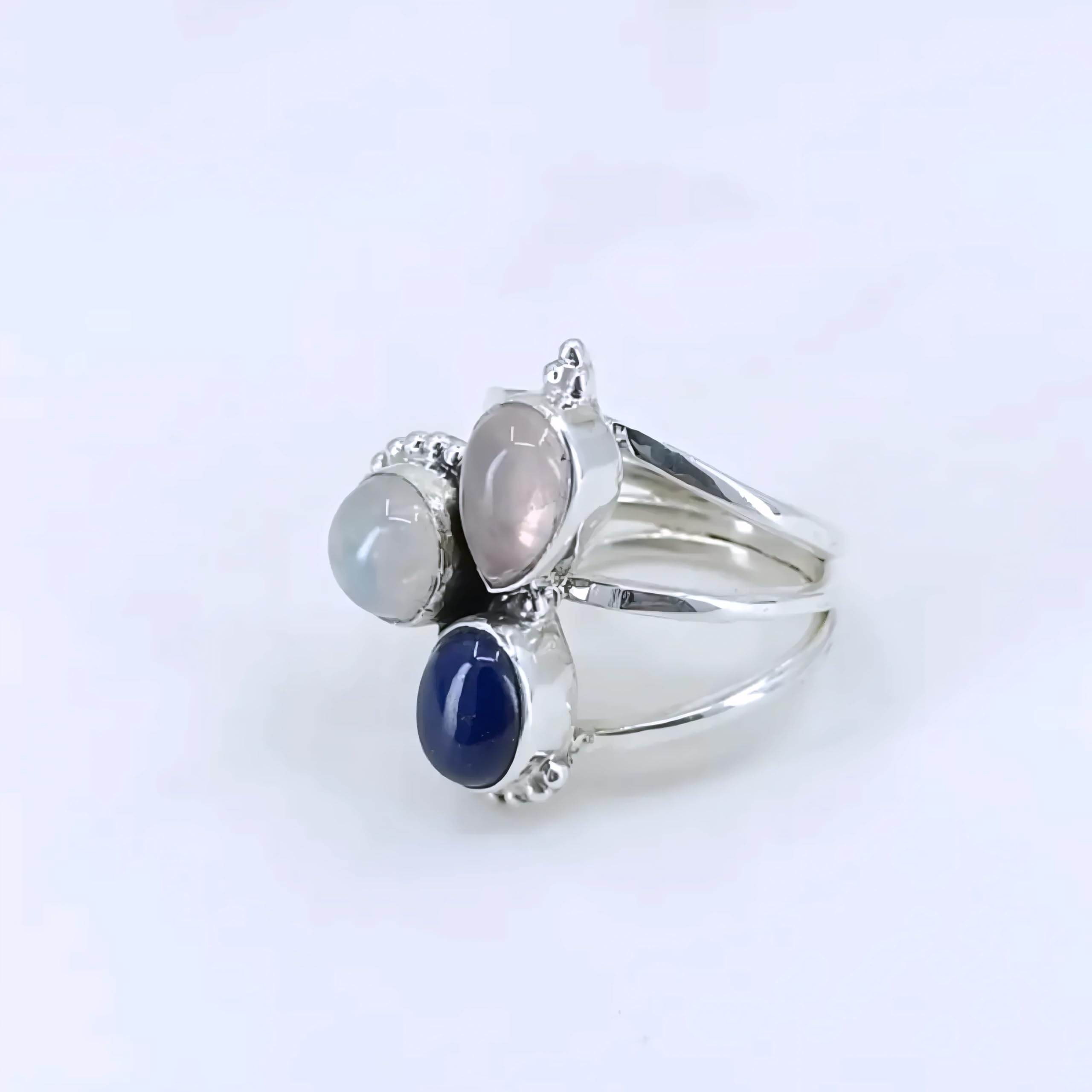 Dreifach-Edelstein aus 925er Sterlingsilber (Lapislazuli, Regenbogenmondstein, Rosenquarz) Statement-Damenring 14 bis 22 DE