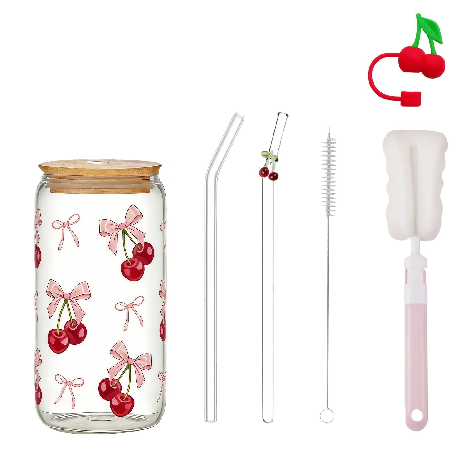 nuneoeuo 6 Pcs Cherry Glass Cups with Lids and Straws Set, Glass Straws Drinking Cup Cherry Pink for Consumed and The Cute Mugs Suitable as a Thank You Farewell Return to School Gift