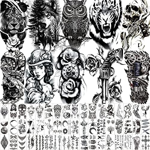 Hotoyannia 62 Sheets Large-Size Black Temporary Tattoos Stickers for Women Men and Girl, Includes 10 Large-Size Fake Tattoos That Look Real and Last Long, Halloween Tattoos Include Black Scary Wolf Lion Tiger Skeleton Skull Tattoos