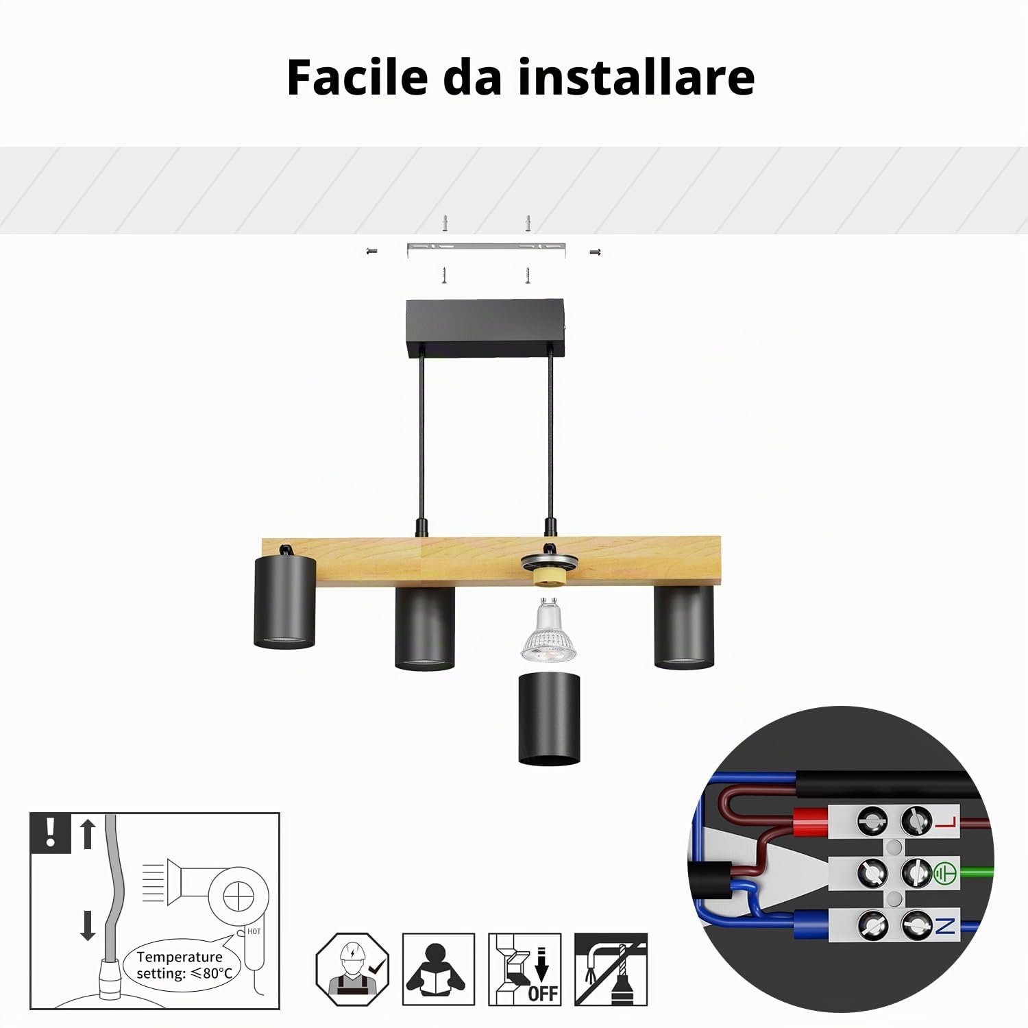 LVWIT Lampadario Sala da Pranzo Nero, Lampadari Cucina con 4 Luci in Aluminium, Lampadario Sospeso Legno GU10, Lampadari Pendente per Cameretta, Tavolo da Pranzo, Soggiorno(Senza Lampadina)