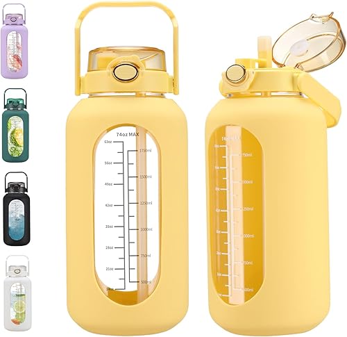 Miniatura 7 de chunmo Bolttles de agua de vidrio de 74 onzas con pajilla, botella de agua motivacional grande con marcador de tiempo, botellas de agua deportivas