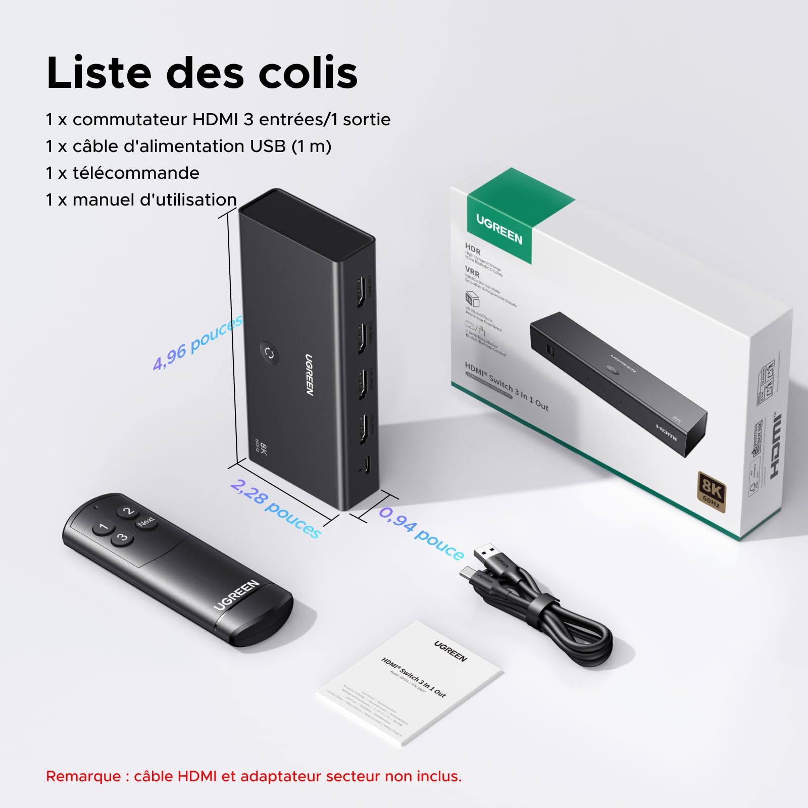 UGREEN Switch HDMI 2.1 3 Entrées 1 Sortie Commutateur 8K 60Hz 4K 240Hz