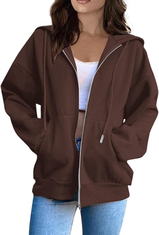 OIOLOYJM Zipper Hoodies for Women Long Sleeve Oversized Sweatshirts Y2k Drawstring Soft Jacket 2025 Fall Fashion with Pockets