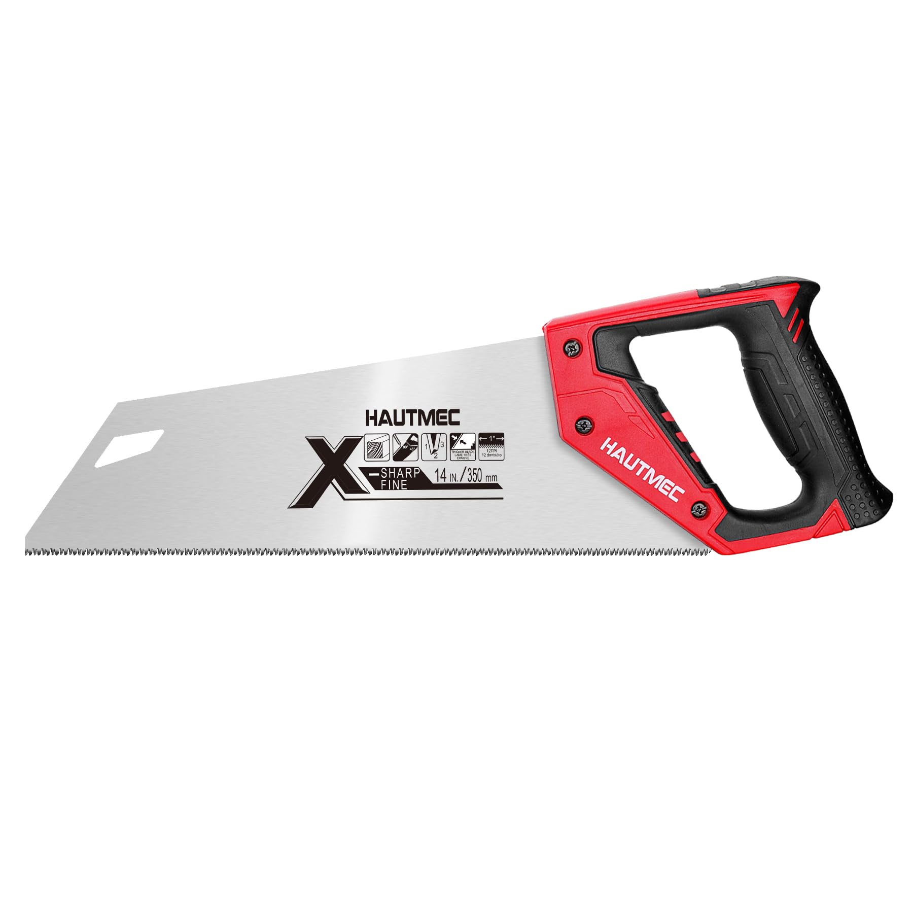 HAUTMEC 350MM X-Sharp Pro Hand Saw for Cuts Comfort, Quality and Accuracy, Fine-Cut Handsaw with 12 TPI Triple-Ground Teeth and 1mm Thickened Large Blade, Bi-Material Ergonomic Handle – HT0295