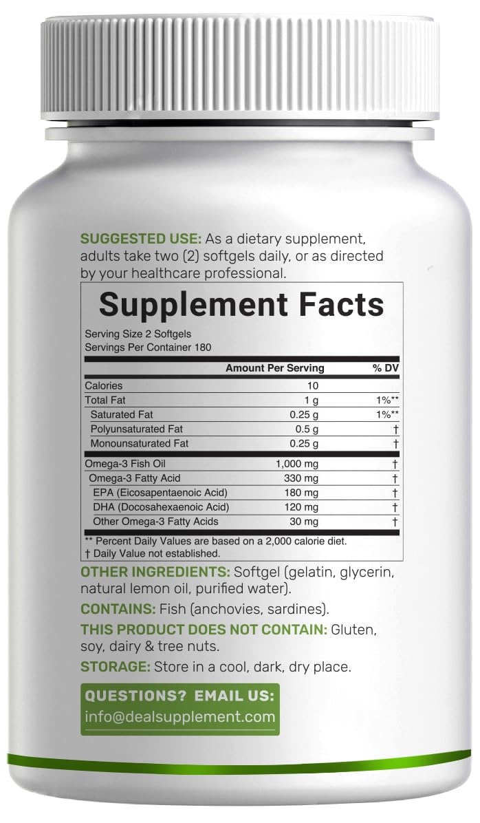 DEAL SUPPLEMENT Omega-3 Fish Oil Burpless Formula from Wild Caught Deep Sea Fish, 360 Softgels | 1,000mg Fish Oil with 180 EPA & 120 DHA per Serving | Natural Lemon Flavor | Non-Gmo, cGMP Manufactured — Amazon image 6