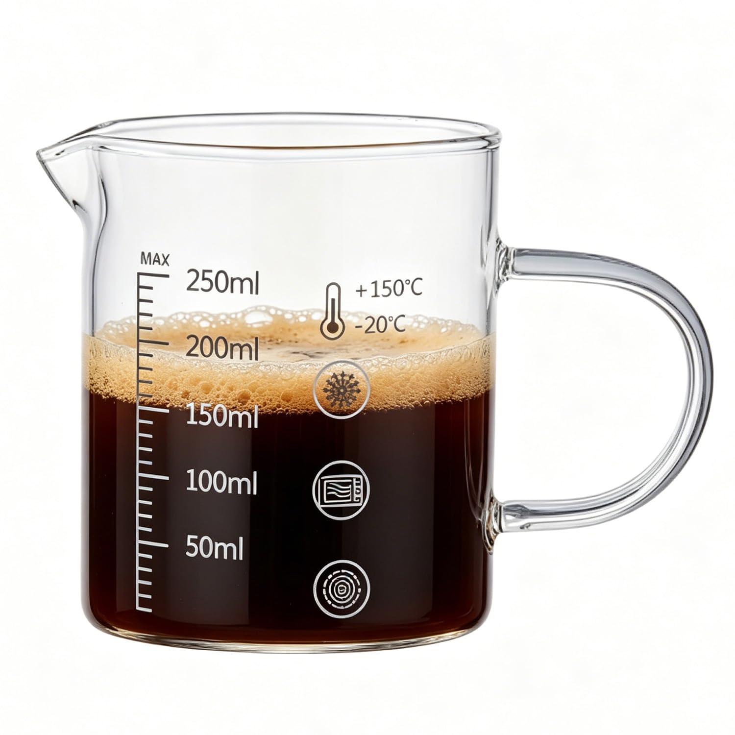 250ml Measuring Jug, Quality High Borosilicate Glass Heat Cold Resistant -20℃ to 150℃, Small Glass Measuring Cup with Clear Scale, for Cooking, Baking, Coffee Brewing & Lab Experiment, Hand Wash