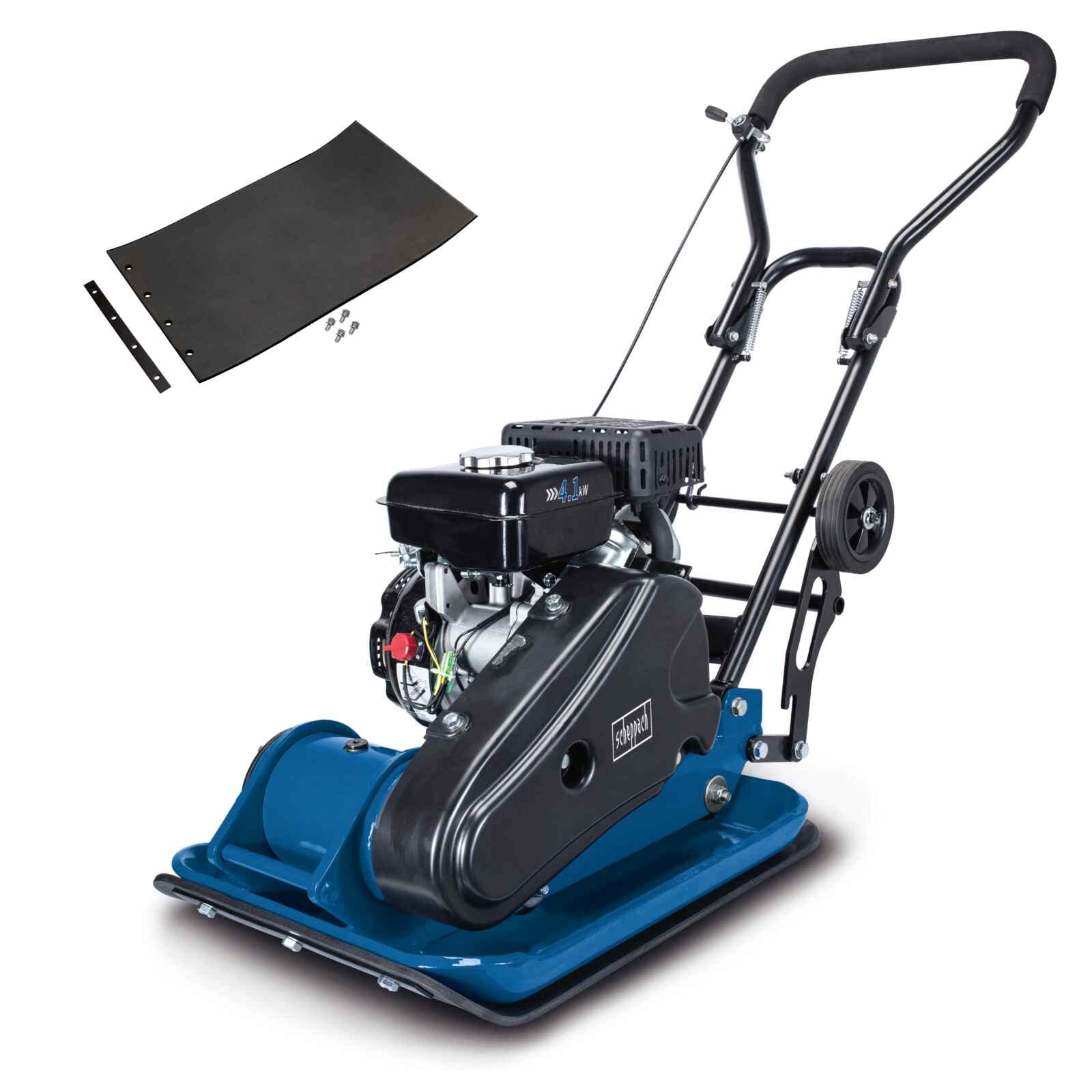 Scheppach Benzin Rüttelplatte HP1900S Vibrationsplatte Rüttler | 5,6PS Leistung | 11kN Verdichtungsdruck | Platte 530x350mm | 25m/min Vorlauf | 30cm Verdichtungstiefe | Fahrvorrichtung & Gummimatte