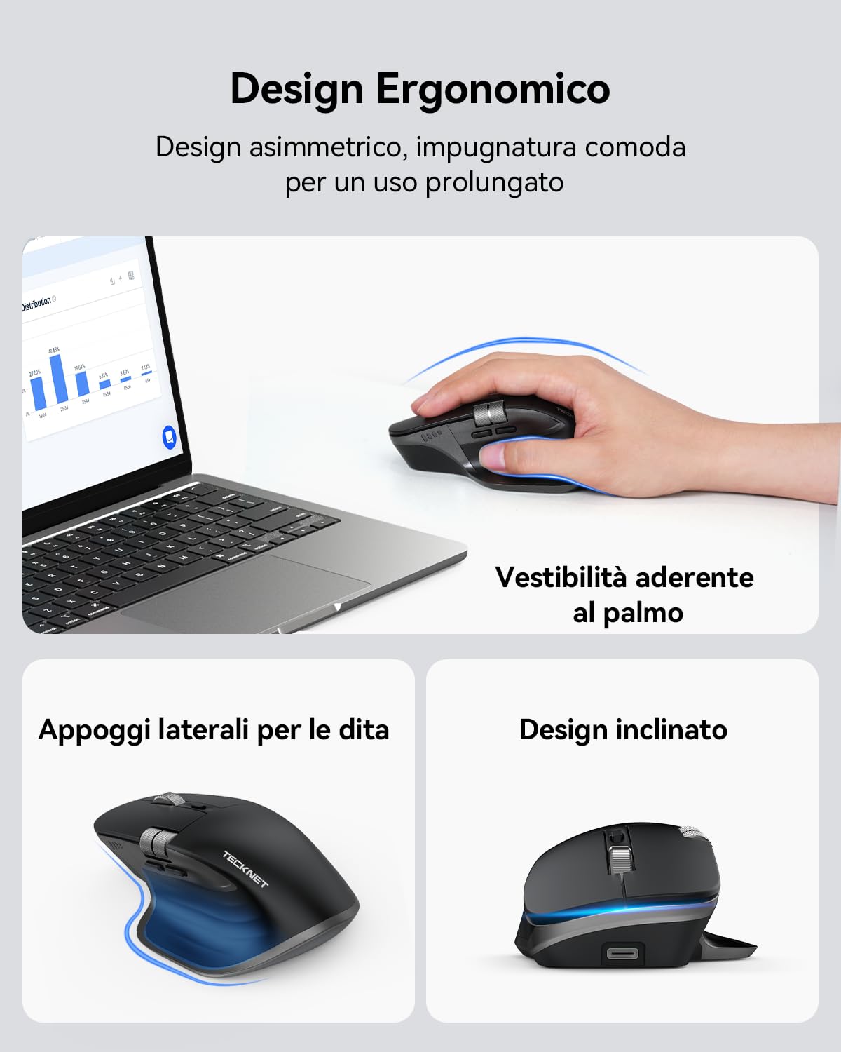 TECKNET Mouse Wireless Bluetooth ad Alte Prestazioni (BT5.3/5.0+2.4G), Rotella di Scorrimento Orizzontale, Design Silenzioso, 4800 DPI Mouse Ergonomico Ricaricabile per PC/Tablet/MacOS/Windows, Nero