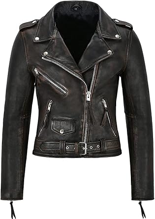 Ladies Gothic Brando Motorcycle Leather Jacket - Distressed Biker Wax Leather Jacket Women