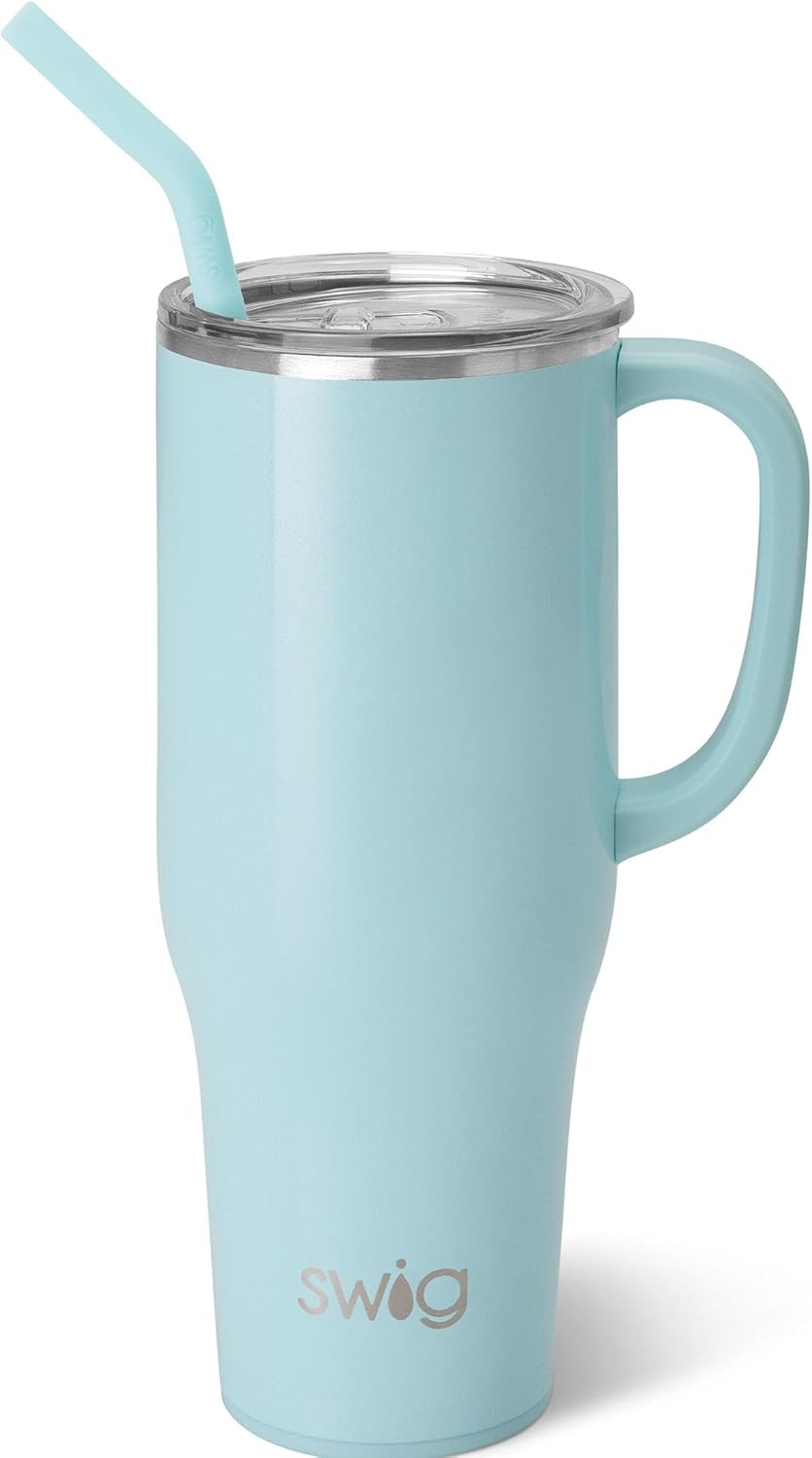 Swig Life 40oz Mega Mug, 40 oz Tumbler with Handle and Straw, Cup Holder Friendly, Dishwasher Safe, Extra Large Insulated Tumbler, Stainless Steel (Aquamarine)