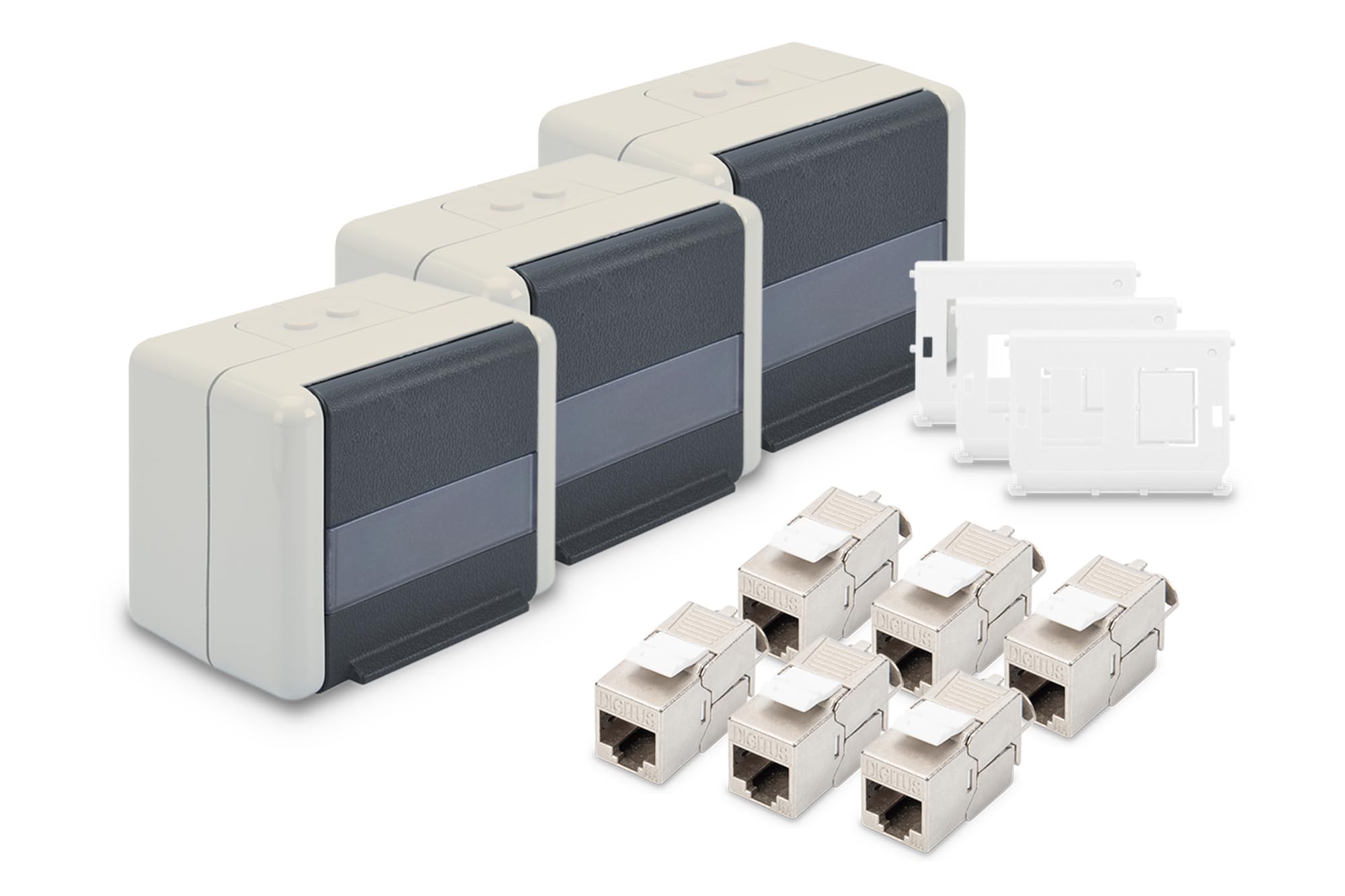 DIGITUS Netzwerkdose Outdoor IP44 (3 Stück) – Mit Halter für Keystone-Module (3 Stück) – Inkl. Cat 6A Keystone-Modul Netzwerkbuchse (6 Stück)