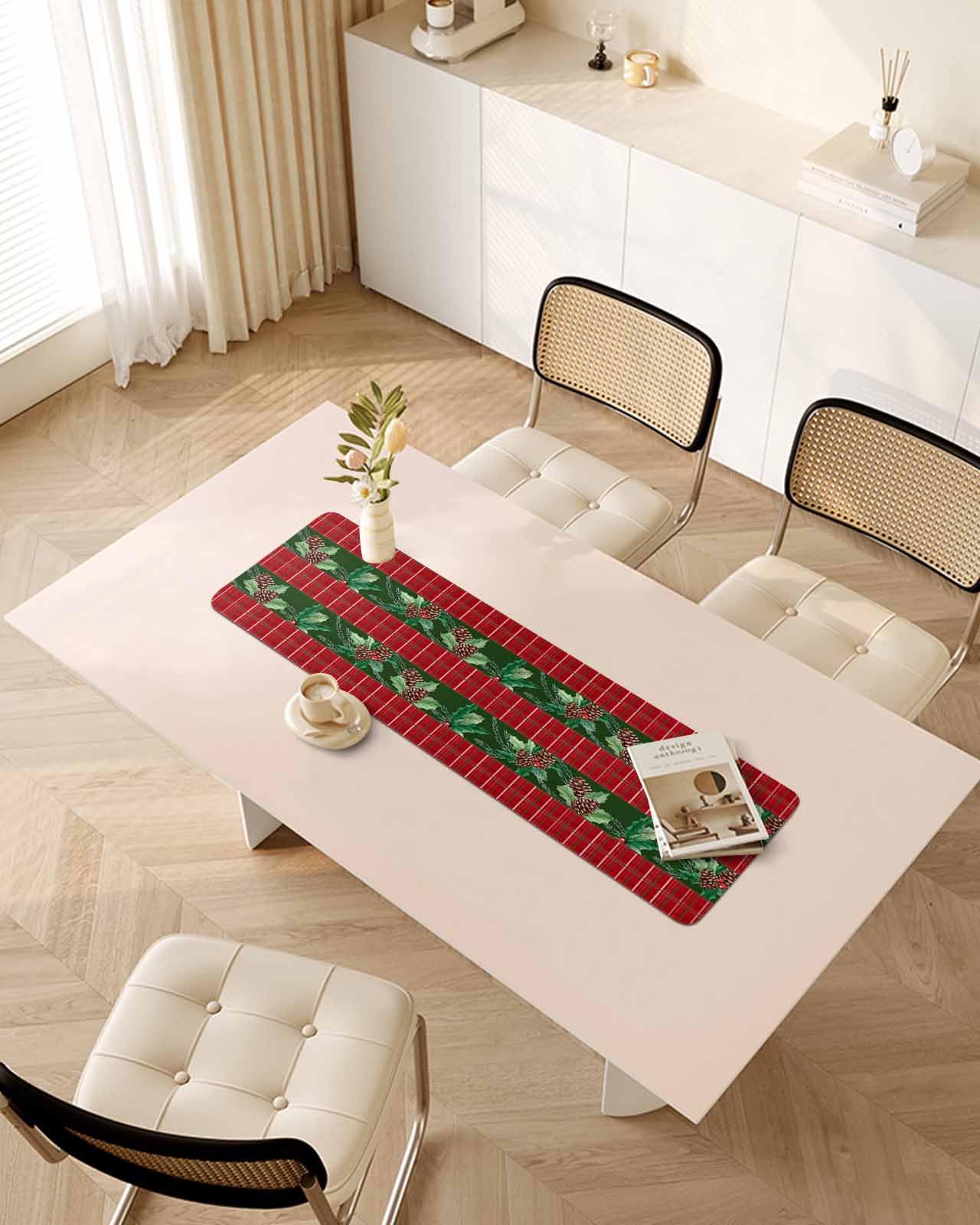 Debedcor Heat Proof Table Pads Waterproof Decorative, Merry Christmas Non-Slip Table Countertop Protector, Farmhouse Red Green Pine Cones Plaid Insulation Mat for Kitchen Room, 40 x 12 Inches
