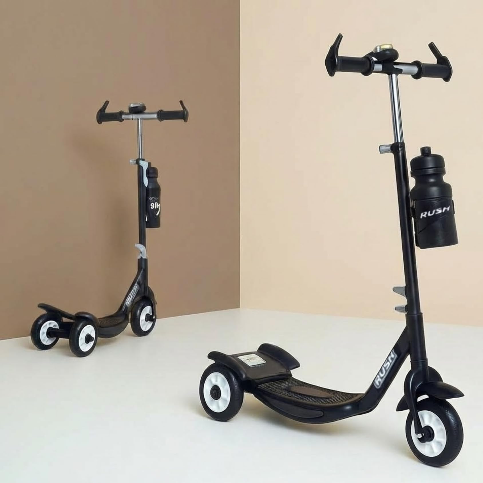 Fun Ride Kids Scooter - Rush Three Wheel Kick Scooters for Boys and Girls with Sipper, Bell, Adjustable Height and Rear Brake - 3 Wheels Skate for Age 3-10 Years (Black)