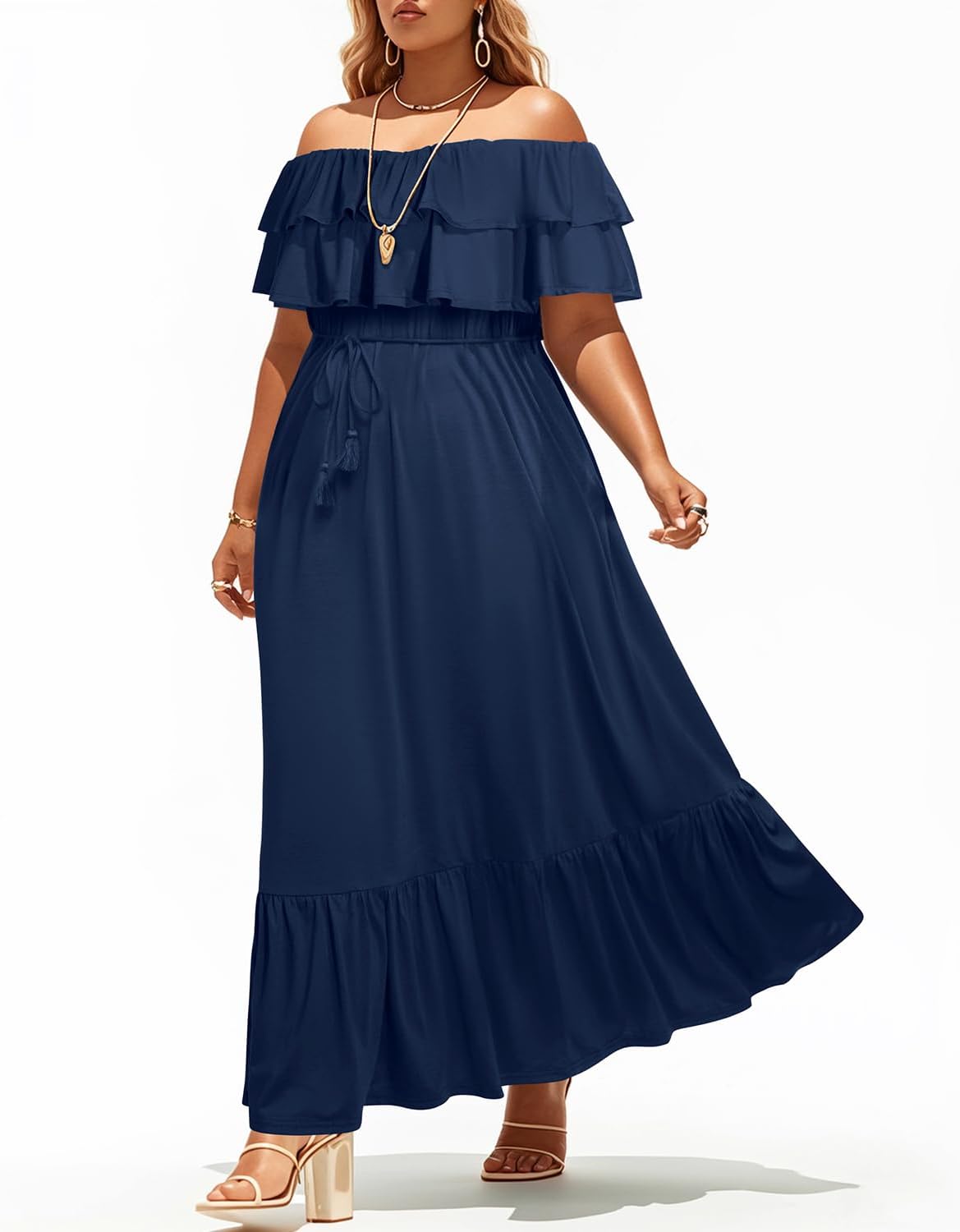 Plus Size Off The Shoulder Maxi Long Casual Layered Ruffle Beach Sundress Women Pocket 2024 - Image 5