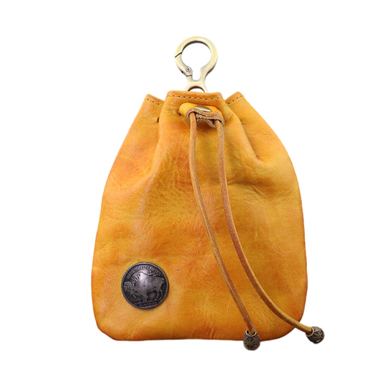 HIZEFSOO Genuine Leather - Drawstring Pouch Leather Coin Purse Pouch Keychain Mini Vintage Jewelry Key Dice Personality Change Coin Purse Pouch Bag Organizer for Men & Women (Yellow)