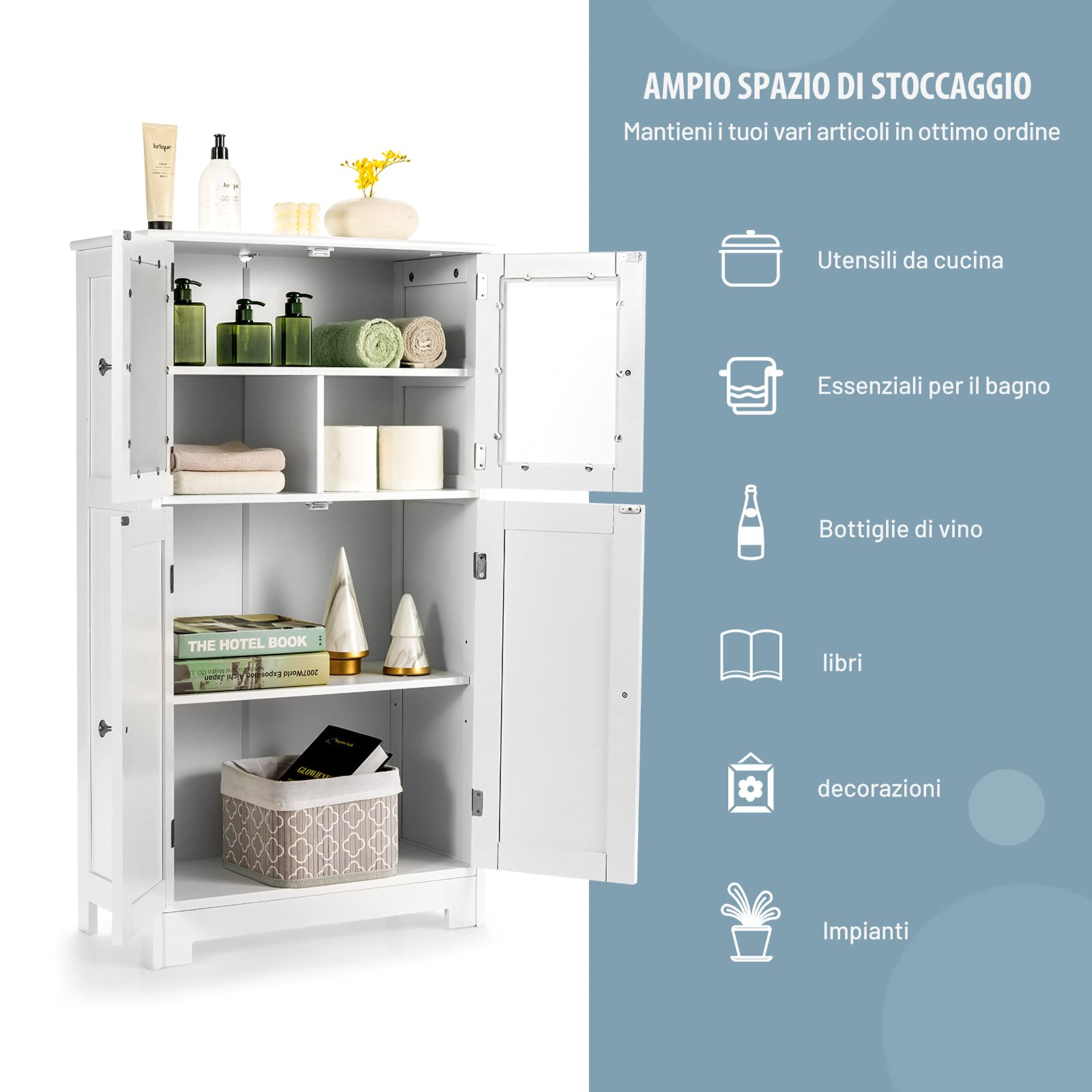 COSTWAY Armadietto del Bagno con 4 Ante, Armadietto con Ante di Vetro, Credenza di Legno con Mensole Regolabili, Organizer Multiuso per Casa Corridoio Salone Ufficio (Bianco)