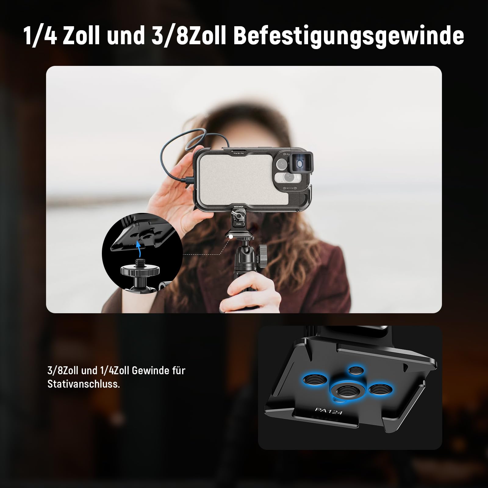 NEEWER Handy-Stativhalterung mit Arca-Basis, 6,35 mm Gewinde, Schnellspannklemme, kompatibel mit iPhone 16 Pro Max S25 Ultra Phone Cage DJI RS4 Mini R4 Pro RS3 Pro RS2 RSC2, PA124