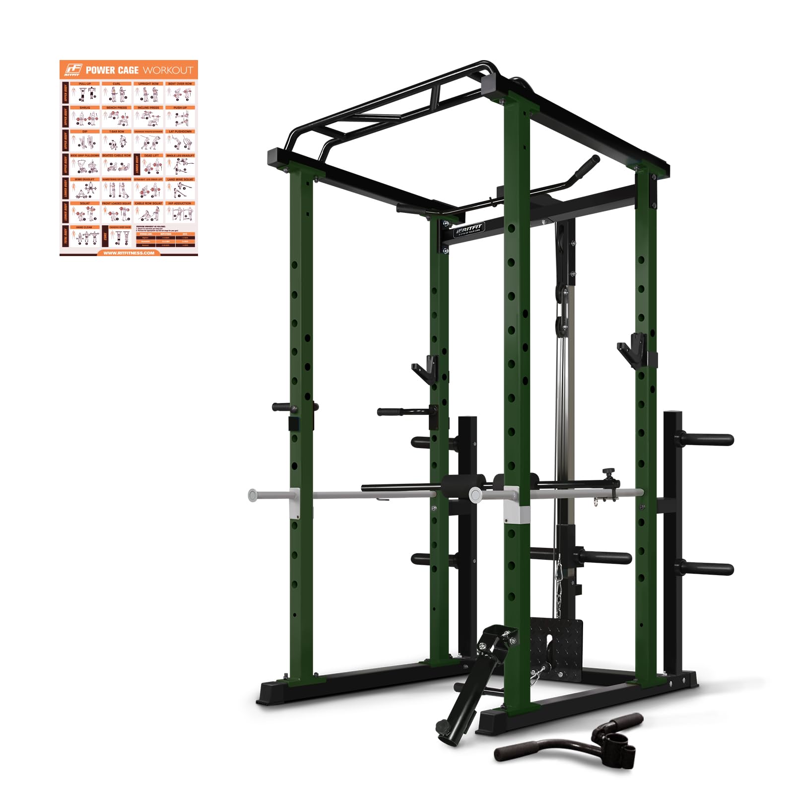 RitFit Power Cage with LAT Pull Down and 360° Landmine, 1000LB Capacity Power Rack Full Home Gym for Weightlifting, Come with J-Cups,Dip Bars and Other Attachments (2023 Version PPC02)-Green