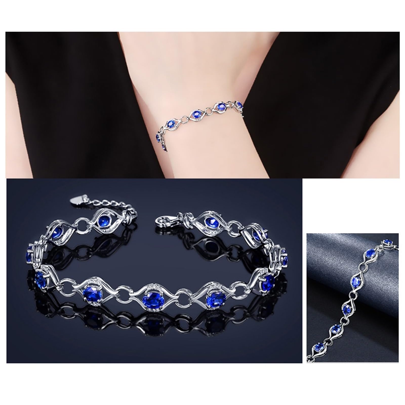 Bracciali in Oro Bianco 18k/14k/9k Vero, Bracciale Donna con Zaffiro 4.6ct 16-18 cm Estensione 4 cm con Diamante, Braccialetto Sposa Fidanzati