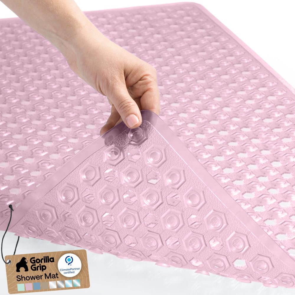 GORILLA GRIP Bath Tub Shower Mat, Bathtub Floor Liner, 35x16 Clear Pink