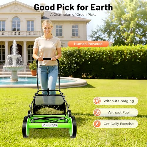 MEHOOSPVN 16-Inch Hand Push Lawnmower, 5-Blade Cordless Manual Reel Lawn Mower with 40.6cm, 9 Cutting Heights 34-64mm, 23L Grass Box, Quiet & Eco Friendly Manual Lawn Mower for Yard Garden, Green - Image 8